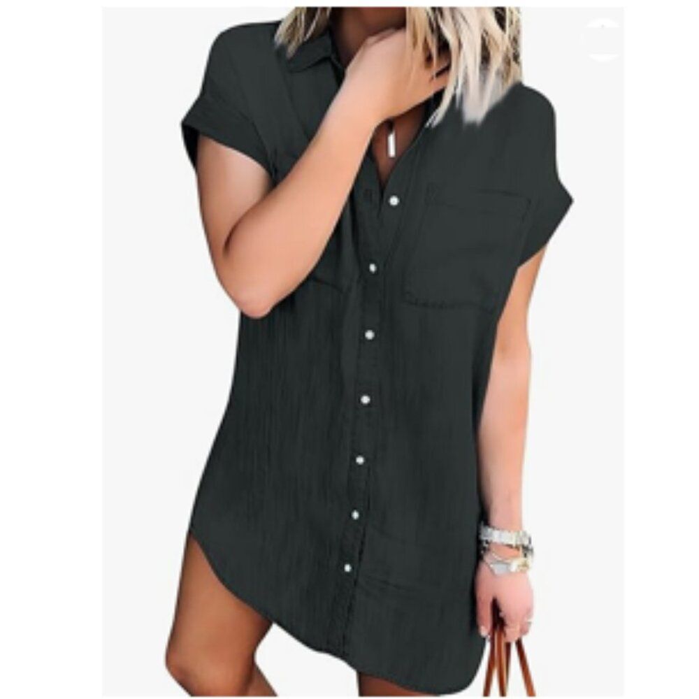 Zilcremo Women's Casual Short Sleeve Button Down Denim Shirt Dress - NWT - Picture 2 of 8